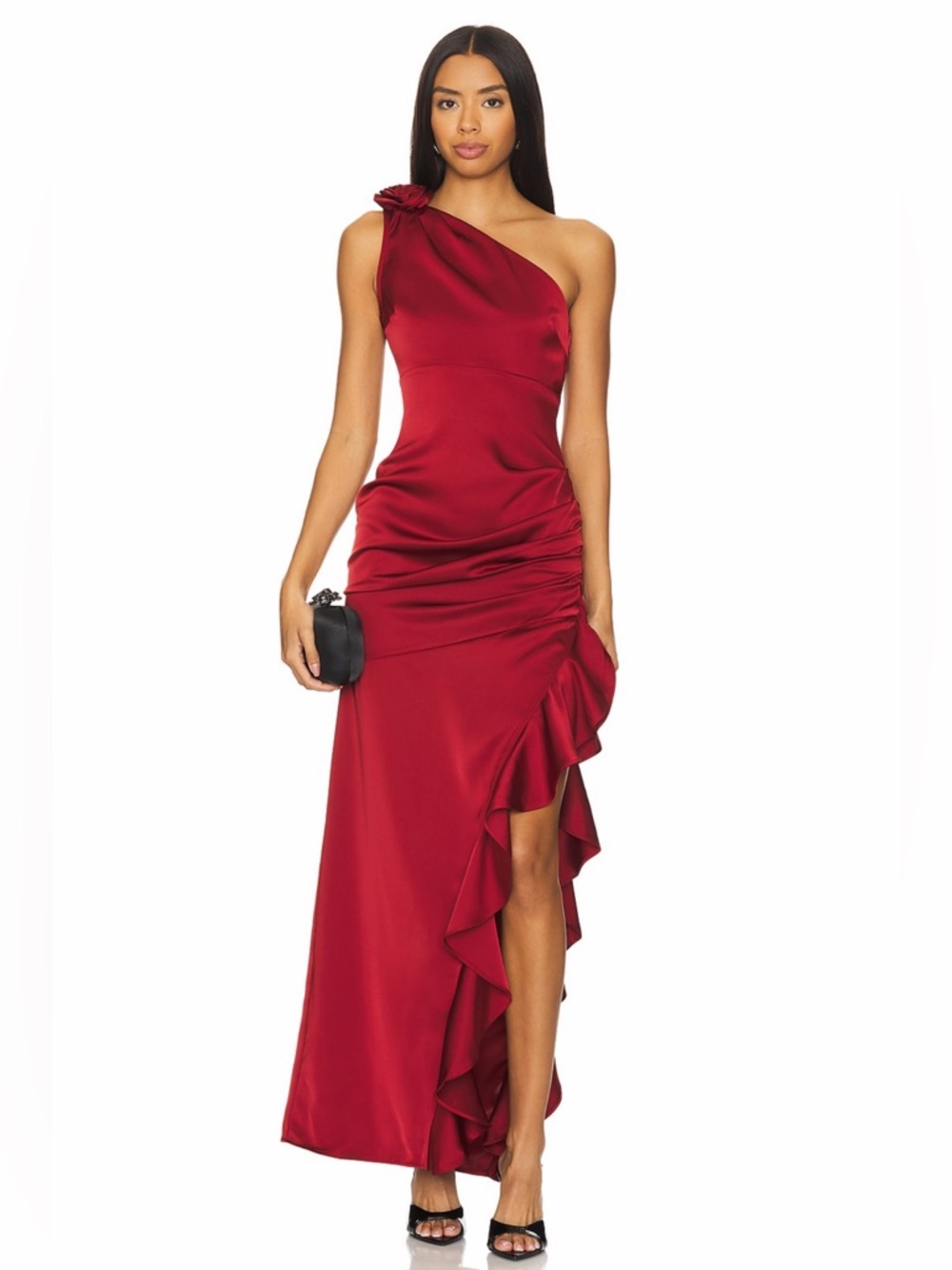 Majorelle Natalya Red Wine Satin One Shoulder Ruffled Slit Evening Gown XS NWT